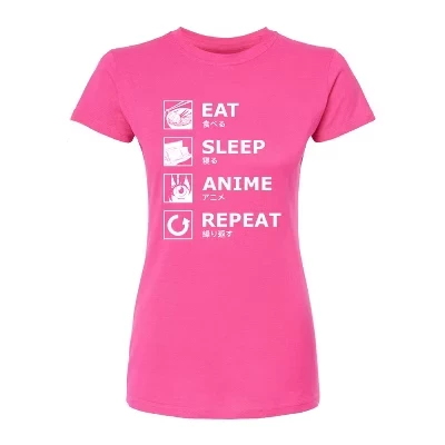 Женская футболка Instant Message Eat Sleep Anime Repeat, фуксия