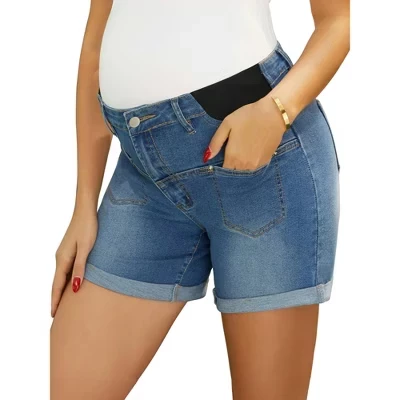 Women's Maternity Denim Shorts Adjustable Waist Over Belly Postpartum Summer Pregnancy Jeans Shorts blue