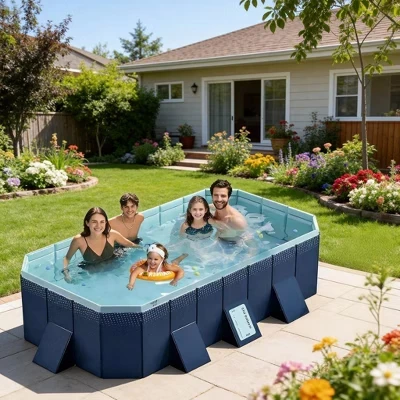2.1M Folding Inflatable Swimming Pool, Large Inflatable Pool Kids, PVC Kids Swimming Pool for Indoor & Outdoor Garden Deck, Blue blue