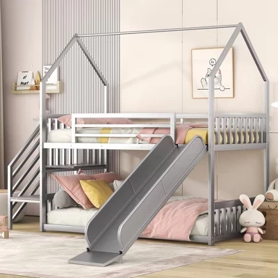 Металлическая двухъярусная кровать Twin over Twin House с горкой и лестницей, Трансформируемая горка и лестничный пол, Каркас двухъярусной кровати-чердака для детей и подростков серебристый