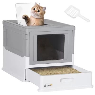 Закрытый лоток для кошек PawHut с совком, серый