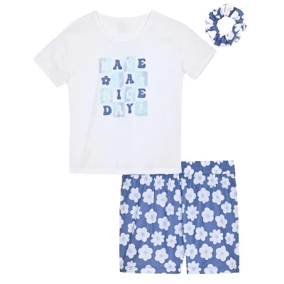 Girls 2-Piece Short-Sleeve Jersey Pajama Shorts Set with Matching Hair Scrunchie white