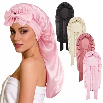 4 упаковки атласных шапочек для сна с длинными волосами, 68×29 см, Мягкая атласная шапочка для ночного ухода за волосами и защиты от укладки, черная