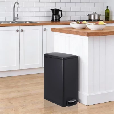 Stainless Steel Trash Can with Lid, Slim Step-On Garbage Bin with Removable Inner Bucket for Bathroom, Kitchen, Office black