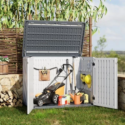 Outdoor Resin Storage Shed, 35 Cu.Ft Trash Can Storage Box with Lockable Door, Horizontal Outdoor Storage Cabinet for Garbage Cans, Garden Tools white