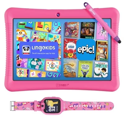 K102 Kids Tablet Bundle – 10-дюймовый планшет на 32 ГБ с 14 обучающими приложениями, Lingokids и Epic! + Детские умные часы KW1 для мальчиков и девочек в возрасте от 3 до 12 лет, розовые