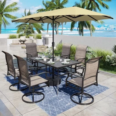 Captiva Desighttps 8шт. Обеденный стол для патио с прямоугольной стальной столешницей, мягкие вращающиеся стулья на ремнях и фирменный зонт бежевого цвета