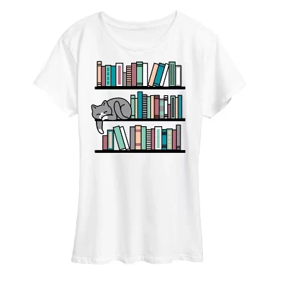 Женская футболка с коротким рукавом и рисунком кота на книжной полке, белая
