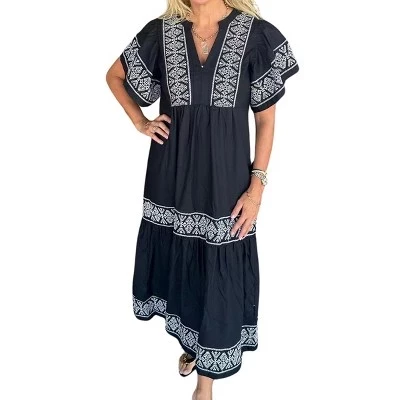 Women's Casual Ethnic Print Short Sleeve Maxi Dress Notch V Neck Pleated Loose A-line Dresses black