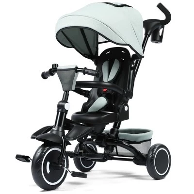 7-in-1 Kids Tricycle with Canopy, Adjustable Push Handle, One-Touch Brake, Lockable Front Wheel, All-Terrain Tires & Storage green