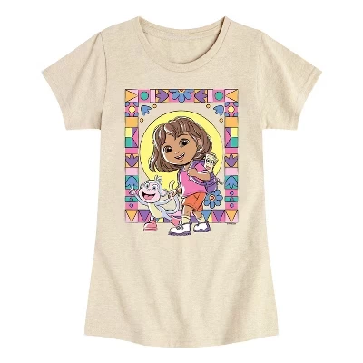 Футболка с рисунком для девочек - Dora The Explorer - Boots Mosaic приталенная с коротким рукавом.