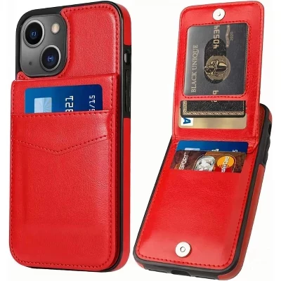 Чехол, совместимый с iPhone 15 Plus - [Держатель для карт с 6 слотами] Тонкий кожаный бумажник красного цвета