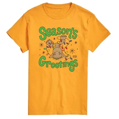 Мужская футболка Seasons Grootings с коротким рукавом и графическим рисунком золотистого цвета.