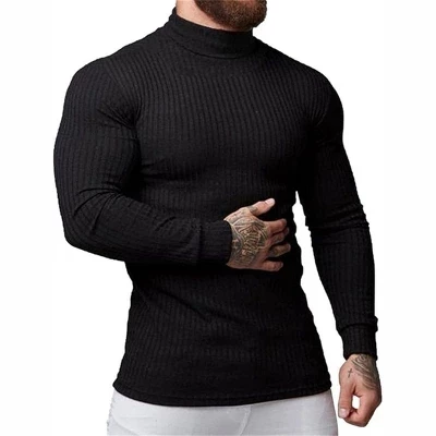 Мужская эластичная трикотажная футболка Muscle Fit с высоким воротом и длинным рукавом Slim Casual Essential черного цвета