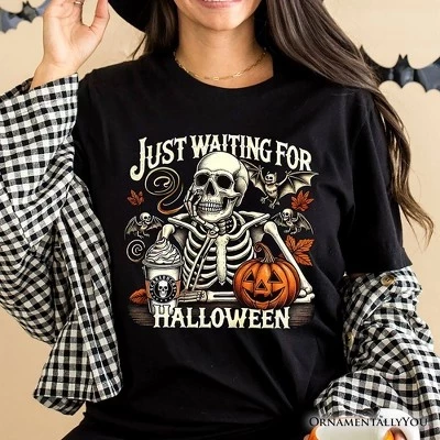 Футболка Just Waiting for Halloween, футболка Scary Skeleton для осеннего сезона | черный