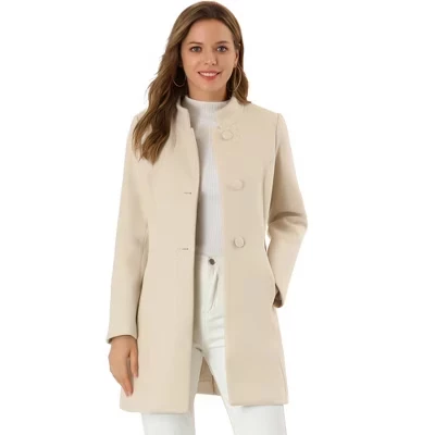 Women's Winter Stand Collar Single Breasted Mid-thigh Long Overcoat beige