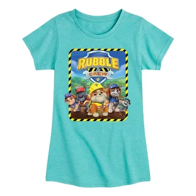 Приталенная футболка с коротким рукавом и рисунком для девочек - Paw Patrol - Rubble & Crew Construction Group бирюзового цвета