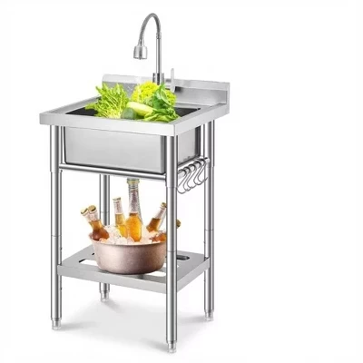 Stainless Steel Utility Sink with Faucet, Freestanding Kitchen Sink with Adjustable Legs, Hot & Cold Water Pipes 21.6x19.6x37.5 inch(single sink)