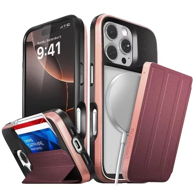 Чехол vCommuteX для Apple iPhone 16 Pro, Magsafe, Кожаный чехол-бумажник, Съемный чехол-подставка для карт памяти, Защита от падения военного класса, Красный