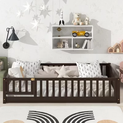 Bellemave Twin Floor Bed with Fence & Door, Low Profile Montessori Kids Bed Frame, Solid Rubber Wood, Safety Guardrails, Easy Assembly espresso