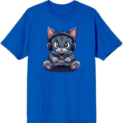 Футболка с коротким рукавом и круглым вырезом для взрослых Focused Gamer Cat синего цвета