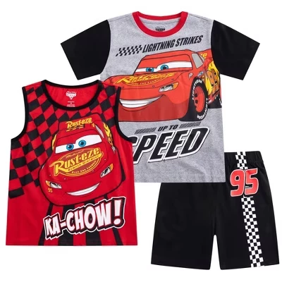 Футболка с короткими рукавами для мальчиков Disney Lightning McQueen, майка и шорты, комплект из 3 предметов для малышей и больших детей, красный