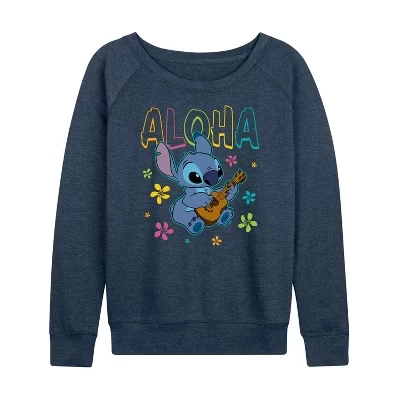 Женская легкая французская махровая рубашка Aloha Stitch с широким вырезом и длинными рукавами и графическим рисунком heather indigo