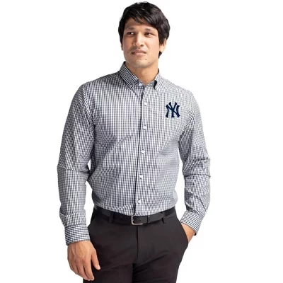 Легкая в уходе стрейчевая клетчатая мужская рубашка New York Yankees больших размеров с длинным рукавом цвета древесного угля