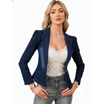 Womens Jean Jacket Lapel Long Sleeve One Button Slim Denim Blazer Cropped Denim Jacket blue
