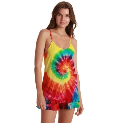 Короткий пижамный комплект Tie Dye с рюшами | Женский пижамный комплект tie dye bright swirl