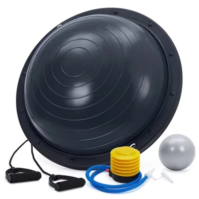 23‑дюймовый тренажер Half Balance Ball (вместимость 1600 фунтов), нескользящий мяч для полуприцепов с эспандерами, помпой и дополнительным мячом для тренировки мышц спины и всего тела, черный