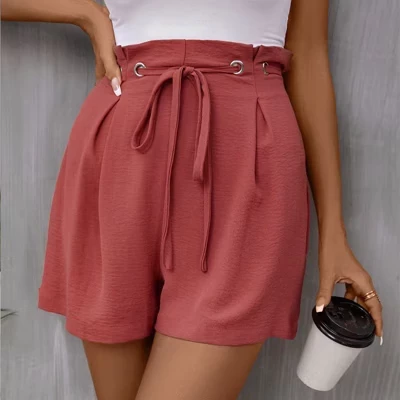 Women's High Waisted Tie Waist Casual Shorts High Waist Loose Fit Summer Shorts red