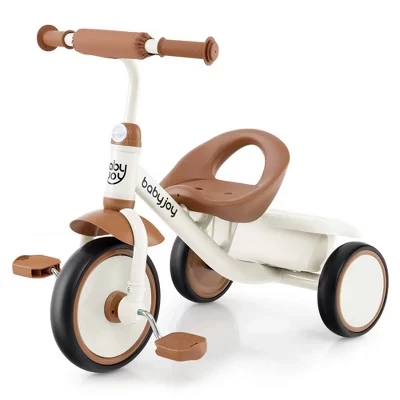 Детский трехколесный велосипед Toddler Trike с регулируемым сиденьем и корзиной для хранения 3-колесный велосипед Бежевый / Зелено-бежевый