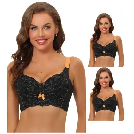 Women's Available for Plus Size Wide Straps High Back Padded Lace Push Up Full Coverage Bralette 3 Packs 36c / 3 black