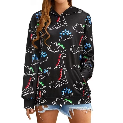 Women's Cute Dinosaur Graphic Long Sleeve Casual Loose Hooded Pullover Sweatshirt with Pocket Hoodie black