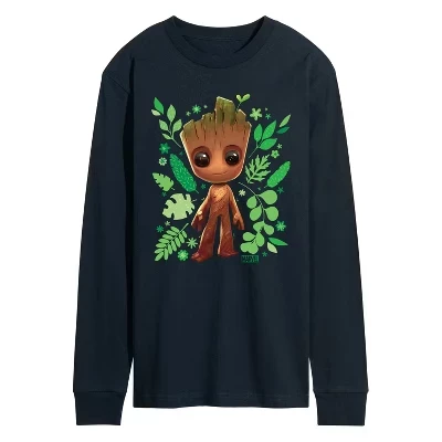 Мужская футболка Guardians of the Galaxy с изображением малыша Грута и листьев с длинным рукавом темно-синего цвета.