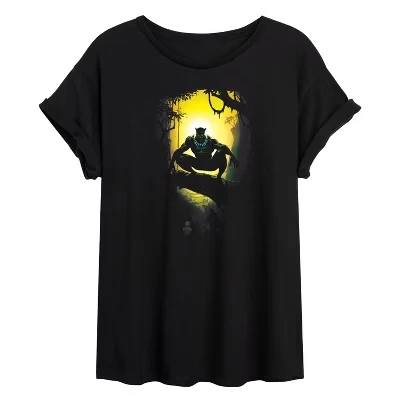 Women's -  - Black Panther Sun Silhouette Scene Oversized Graphic T-Shirt black
