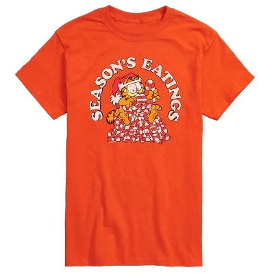 Мужская футболка Seasons Eatings Christmas с коротким рукавом и графическим рисунком оранжевого цвета.