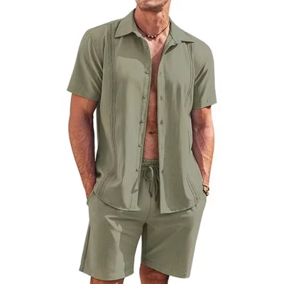 Мужской короткий комплект из 2 предметов, кубинские рубашки Guayabera, повседневная пляжная одежда с коротким рукавом, зеленый