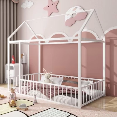 Каркас кровати Bellemave Twin Metal House с ограждением, низкопрофильный каркас кровати для детей и подростков, белый