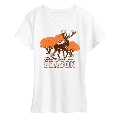 Women's -  - Tis the Season Fall Deer Short Sleeve Graphic T-Shirt white