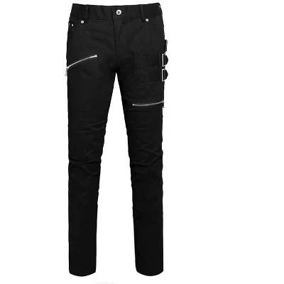 Мужские повседневные брюки Slim Fit в стиле панк готика с карманами и накладной пряжкой на молнии черного цвета