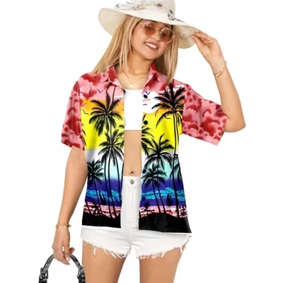 Гавайские рубашки женские s Funky Vacation Button Up Повседневная летняя пляжная блузка для вечеринок, топы, рубашки с коротким рукавом, маскировка для женщин