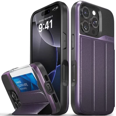 Чехол-портмоне vCommute для Apple iPhone 16 Pro Max, чехол с подставкой, кожаный держатель для карт [Защита от падения военного класса], Красно-фиолетовый