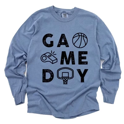 Basketball Game Day Block Distressed - Women's Garment Dyed Long Sleeve Graphic T-Shirt blue