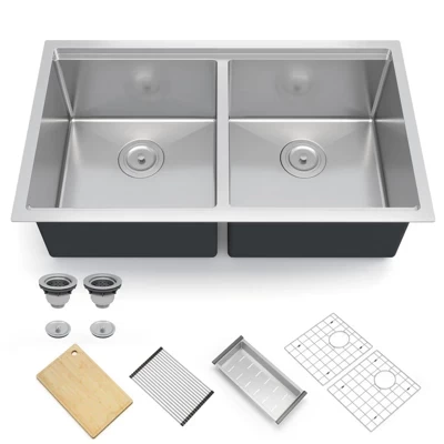 Modern Drop-in Workstation Kitchen Sink - 16 Gauge Stainless Steel Topmount Sink, 9