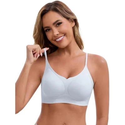 Women's V-Neck Wireless Lift-Up Adjustable Spaghetti Straps Soft Lightweight Seamless Bralette blue