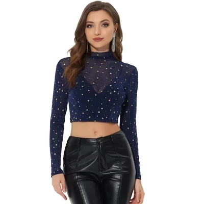 Женская сетчатая прозрачная блузка Crop Stars с имитацией шеи для вечеринок