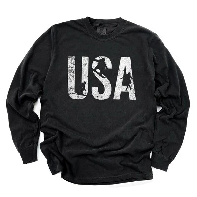 Зимняя спортивная одежда США Distressed - Женская одежда, окрашенная в черный цвет футболка с длинным рукавом и рисунком
