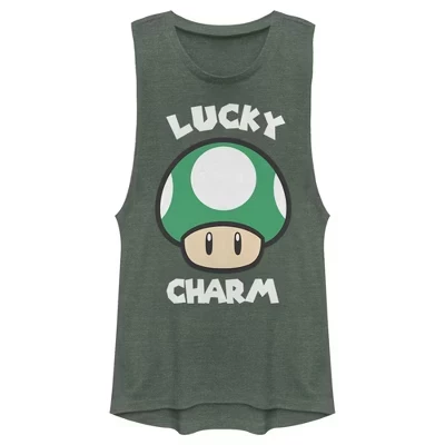 Женская футболка для юниоров Super Mario St. Patrick's Day Extra Life Mushroom Lucky Charm Festival Muscle Tee
